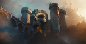 Castle Grayskull, mit der Brücke zur offenen Zugbrücke von unterhalb der Brücke zu sehen